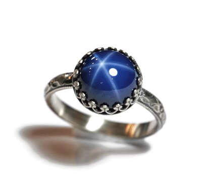 10mm Lab Created Blue Star Sapphire 925 Antique Sterling Silver Ring by Salish Sea Inspirations - image1